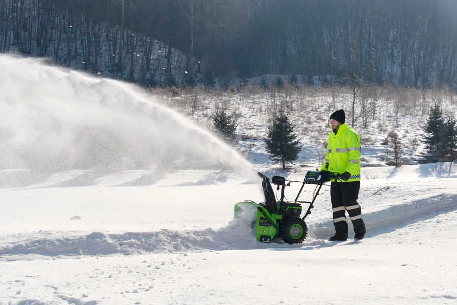 Самоходный Greenworks убирает снег на загородном участке