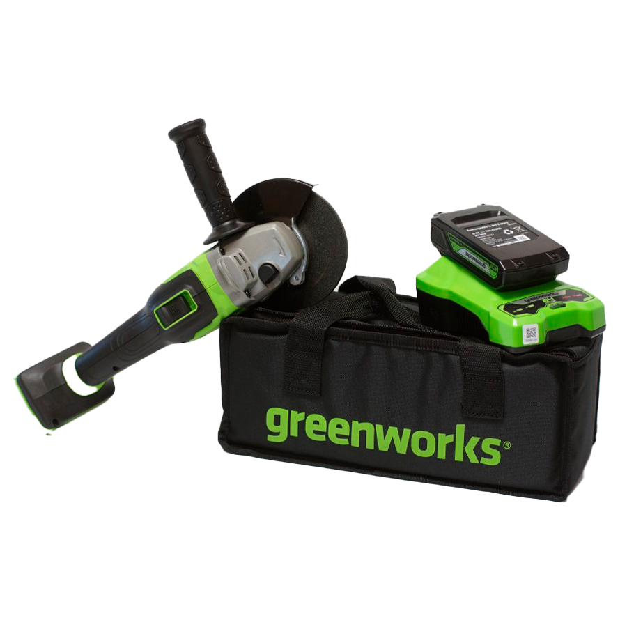 Угловая шлифовальная машина, аккумуляторная Greenworks GD24AG, 24V,  бесщеточная c 1хАКБ 2 Ач и ЗУ в сумке – купить оригинал | Greenworks  3200207UA в Москве и Санкт-Петербурге с гарантией